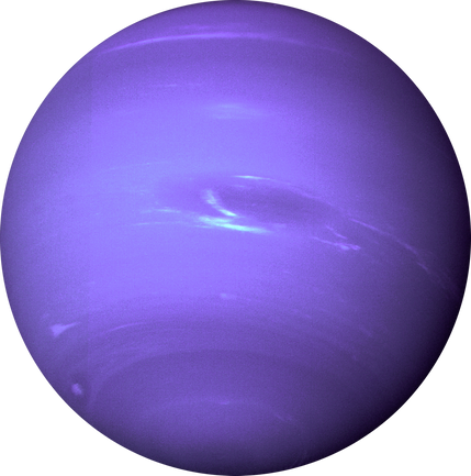 Photo of full-disk view of Neptune produced from the last whole planet images taken through the green and orange filters on the Voyager 2 narrow angle camera